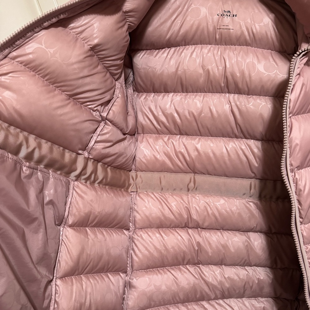 Coach Blush Pink Rose Quilted Long Slim Puffer Hooded Jacket size L - Picture 6 of 13